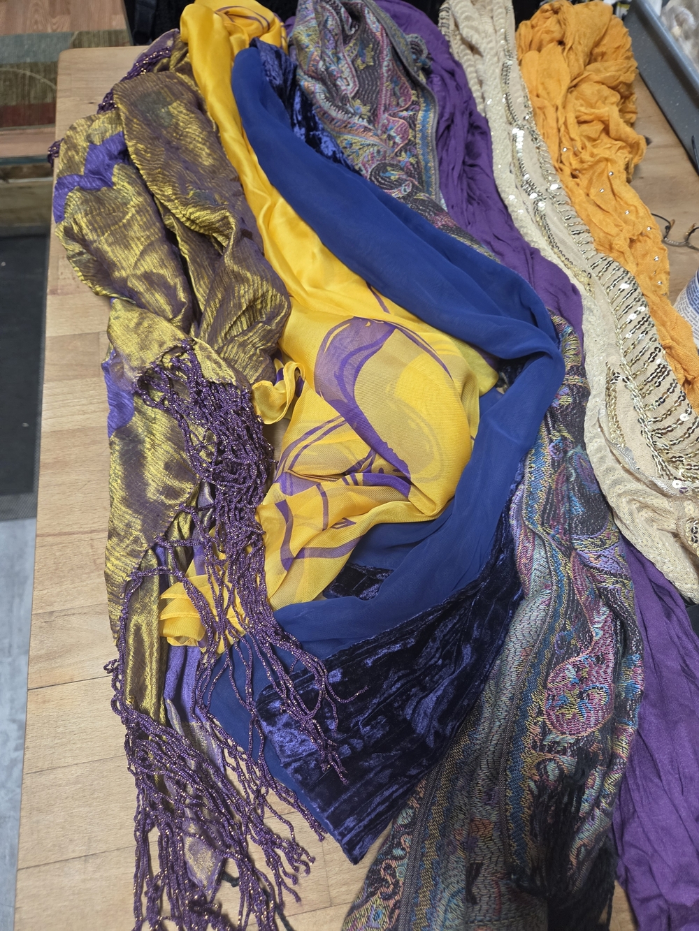 Mixed Silk and Velvet Scarf Bundle in Mustard, Royal Blue & Purple